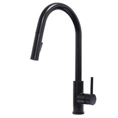 China Lead free Matte black long neck kitchen faucet single handle black kitchen faucet with pull out sprayer supplier