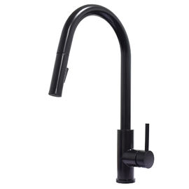 Lead free Matte black long neck kitchen faucet single handle black kitchen faucet with pull out sprayer supplier